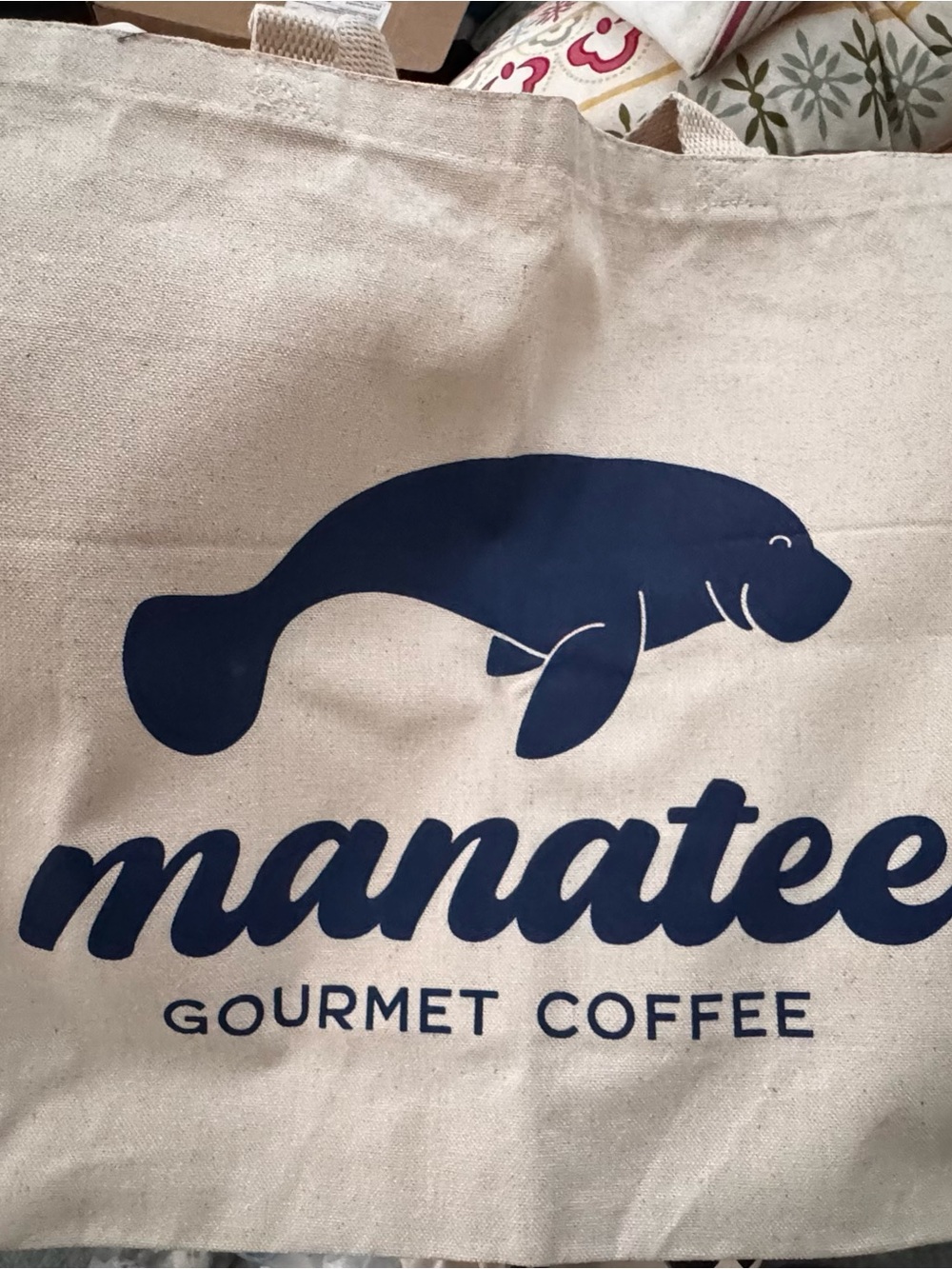 Manatee Gourmet Coffee Large Natural Canvas Tote with Navy Manatee Graphic